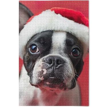 Imagem de Quebra-cabeça fofo Boston Terrier cachorro Papai Noel adultos 1000 peças divertido bobo, arte divertida, cenário de arte animal, 75 x 50 cm