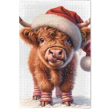 Imagem de Quebra-cabeças de Natal de vaca Highland fofas personalizadas 500 peças para adultos, jogos, arte, quebra-cabeças divertidos para adultos, presentes engraçados, 52 x 37,8 cm