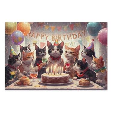 Imagem de Quebra-cabeça 500 peças adultos família amantes presentes festivo gato festa de aniversário balão único quebra-cabeça pintura animal, 50,5 x 14,9 polegadas