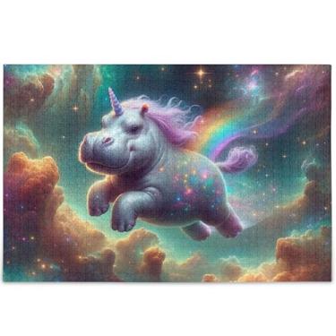 Imagem de Quebra-cabeça de unicórnio hipopótamo extravagante para adultos 1000 peças natureza, amigos, família, jogos, presentes, cena, natureza, quebra-cabeça animal, arte colorida, 75 x 50 cm