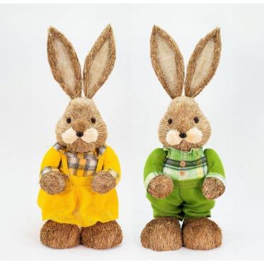Imagem de Casal De Coelhos Páscoa Enfeite De Palha Coelhinhos Coloridos 60cm