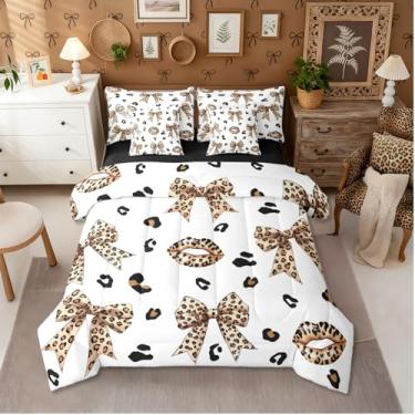 Imagem de Erosebridal Jogo de cama King com laço de leopardo e laço, 7 peças, com laço, estampa de pele selvagem, gravata borboleta para meninas, lençol de princesa marrom com estampa de pele selvagem em uma