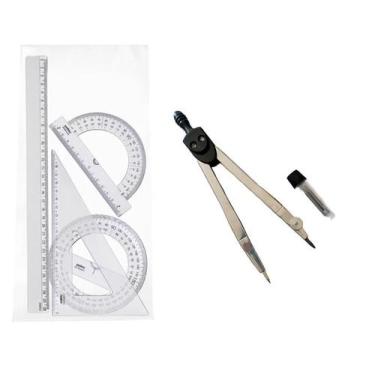 Imagem de Kit Conjunto Réguas Geográficas + Compasso com Grafite - KAZan