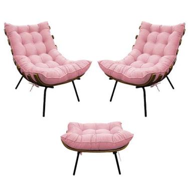 Imagem de Kit 02 Poltronas e Puff Costela Base Fixa Suede Rosa Bebê - Doce Sonho