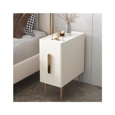 Imagem de Mesa de cabeceira moderna de madeira com 2 gavetas de superfície de rocha (cor: 02) (2)