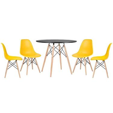 Imagem de Loft7, Kit - Mesa redonda Eames 90 cm preto + 4 cadeiras Eiffel Dsw Amarelo