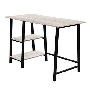 Imagem de U5GAAALPPQ9 Mesa de escritório pequena de madeira para escritório doméstico com prateleira de armazenamento, mesa de computador com superfície de madeira, mesa industrial para laptop, carvalho