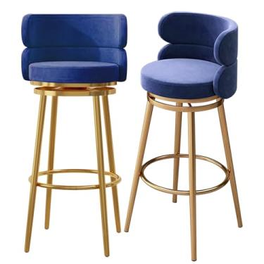 Imagem de Conjunto de 2 bancos de bar estofados, cadeiras giratórias para café da manhã com 65 cm de altura, bancos de cozinha com encosto alto, apoio para os pés de metal preto, azul