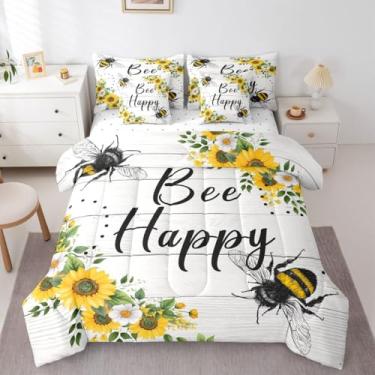 Imagem de Erosebridal Jogo de cama de casal e edredom Bee Happy | Conjunto de cama de 7 peças com flores florais ensolaradas em uma bolsa, conjunto de cama com folhas de plantas de jardim, presentes temáticos