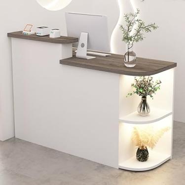 Imagem de Mesa de recepção moderna com gaveta bloqueável e prateleira de armazenamento de canto - balcão de recepção de varejo para escritório ou loja de varejo (branco, 100 x 50 x 105 cm)