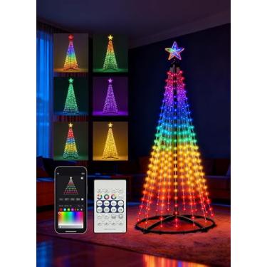 Imagem de AHAWILL Árvore de cone de Natal de 1,8 m, luzes LED RGB inteligentes com aplicativo e controle remoto, luzes de corda multicoloridas sincronizadas com música e faça você mesmo, luzes de decoração de