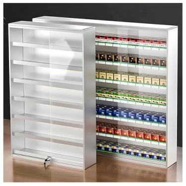 Imagem de Divisor de suporte de cigarro montado na parede, prateleira de armazenamento de cigarros de liga de alumínio, porta de acrílico deslizante com armário de exibição de cigarro, para varejo de balcão de