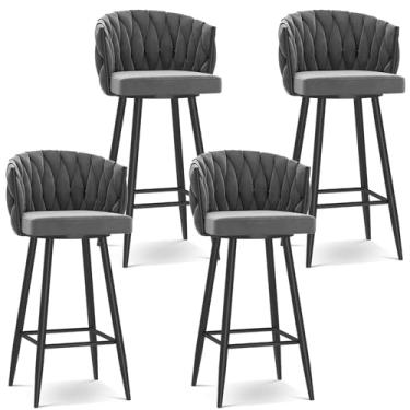 Imagem de Banquetas de bar giratórias modernas de 360°, cadeiras de cozinha estofadas de altura de bar com pernas de aço e apoio para os pés, perna preta cinza, 4 peças