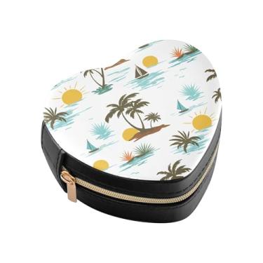 Imagem de Burbuja Caixa de joias em forma de coração de coqueiros, veleiro, mini estojo de viagem para mulheres e meninas, organizador portátil de armazenamento para brincos, anéis, colares e pulseiras