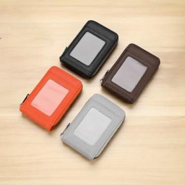 Imagem de Carteira fina vertical para cartão de identificação com bolso com zíper – Estojo de couro PU para cartão de crédito com anel de chaveiro, bolso frontal minimalista para moedas para homens e mulheres