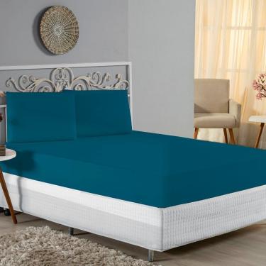 Imagem de Jogo De Cama Casal Nobre 3 Peças Lençol Com Elástico De 30cm De Altura Malha 100% Algodão - Petróleo