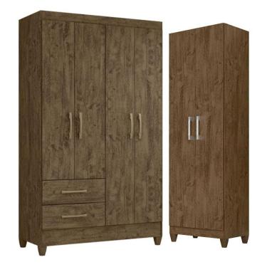 Imagem de Guarda Roupa Solteiro Chile E Armário Multiuso New Iris Castanho Wood - Moval