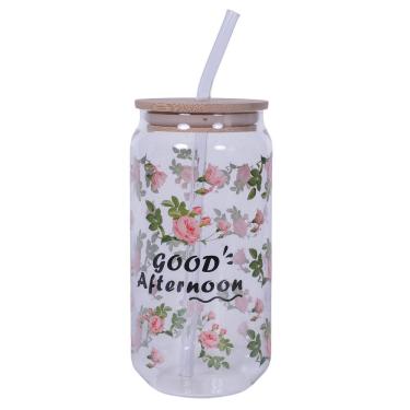 Imagem de Copo De Vidro com Tampa E Canudo Flor Good Afternoon 600ml