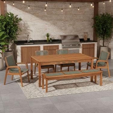 Imagem de Mesa de Jantar Com Banco de Madeira 180cm e 04 Cadeiras Trammare C07 Corda Verde Oliva - Lyam Decor