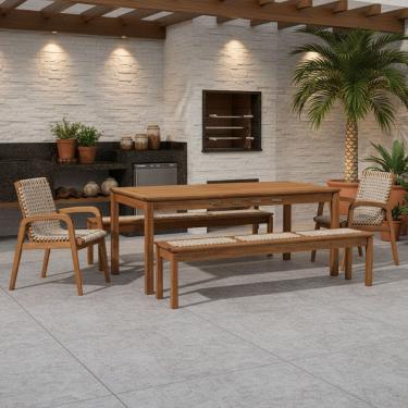 Imagem de Mesa de Jantar Com 02 Bancos de Madeira e 02 Cadeiras com Braço Trammare C07 Corda Areia - Lyam Decor