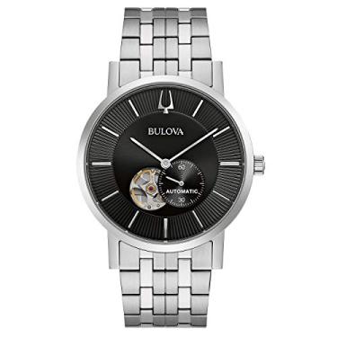 Imagem de Bulova Relógio masculino clássico, 3 ponteiros, 21 joias, reserva de 42 horas, recurso hack, ponteiro subsegundo, mostrador de abertura aberta, parte traseira da caixa de exibição, 42 mm, Aço