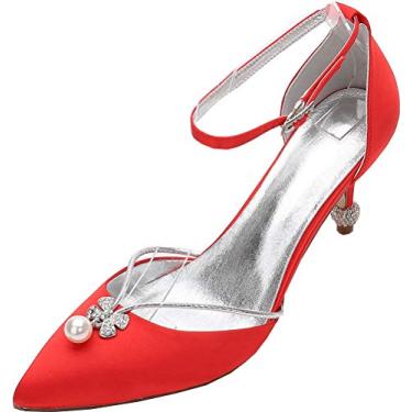 Imagem de Vestido feminino pérola casamento salto tira no tornozelo bico fino festa noiva D-Orsay sapatos, Vermelho, 6.5