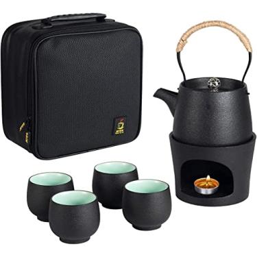 Imagem de Bule de cerâmica de viagem com aquecedor de fogão, conjunto de chá para presente, 1 pote 4 mini xícaras chinesas, bule de chá, de porcelana e saco de proteção portátil para piquenique ao ar livre, acampamento