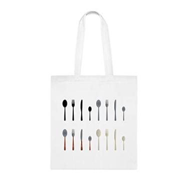 Imagem de Sacola de vetores de talheres, presente de vetores de talheres, bolsa de ombro de vetores de talheres, sacos reutilizáveis de vetores de talheres, ideia de presente de cesta de natal de aniversário, presente para ela, presente para ele, bolsa feminina, Branco