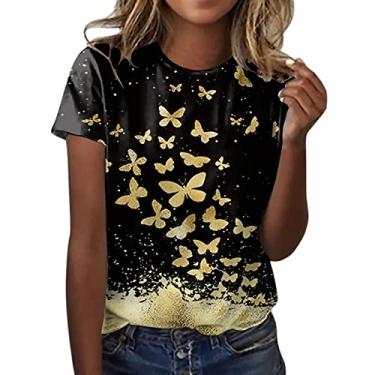 Imagem de Blusas femininas modernas plus size de manga curta com estampa gráfica, blusas de algodão, camisetas boêmias, túnica de formatura, Dourado, M