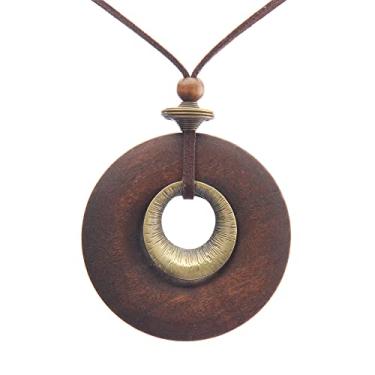 Imagem de AZORA Colar de pingente de anel múltiplo de cor bronze feito à mão estilo boho longo de corda de couro colar para mulheres, Couro, Sem Pedra Preciosa