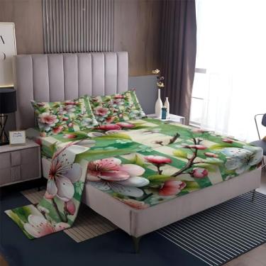 Imagem de Jogo de lençol solteiro, 40,6 cm, extra profundo, listrado, floral, verde, 4 peças, 1 lençol de cima, 1 lençol com elástico, 2 fronhas