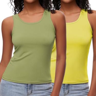 Imagem de Miqieer Pacote com 2 camisetas femininas sem mangas, gola redonda, caneladas, clássicas, básicas, de verão, Verde/amarelo, G
