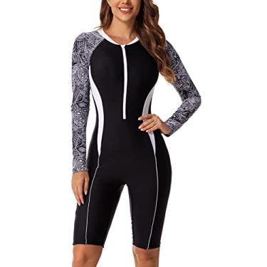 Imagem de FEOYA Maiô feminino de uma peça, com controle de barriga, com zíper frontal e short boyshort, A - floral preto 2, XG