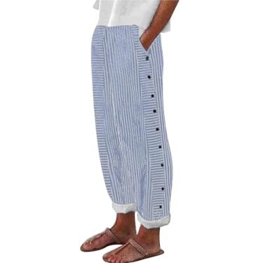 Imagem de Elogoog Calça feminina de linho de cintura alta plus size Y2K streetwear calça leve primavera verão calça lisa, Azul #2, 4G