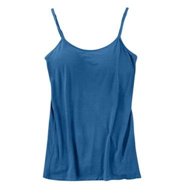 Imagem de Camisetas femininas com sutiã embutido em algodão, prateleira, sutiã, alças finas, alças finas, camiseta básica, Azul, P