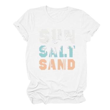 Imagem de MaMiDay Camiseta feminina de verão com estampa divertida de sol, areia e sal e areia, gola redonda, manga curta, caimento solto, Branco, G