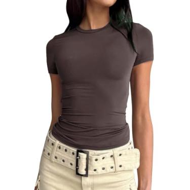 Imagem de Camisetas femininas slim fit manga curta gola redonda simples camiseta casual verão camiseta feminina ao ar livre, Marrom-5, GG