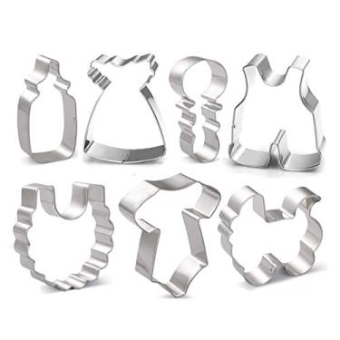 Imagem de Conjunto de 7 peças de mamadeira para bebê, carrinho de bebê, sino, avental de bebê, conjunto de cortadores de biscoito para chá de bebê - aço inoxidável