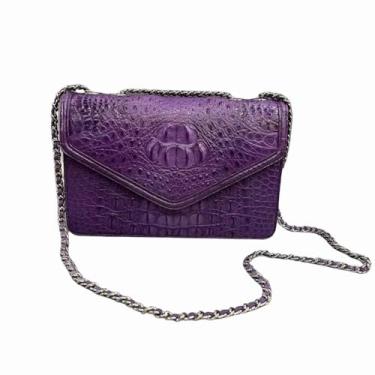 Imagem de Bolsa feminina de couro jacaré autêntico com alça de corrente com alça de crocodilo genuína bolsa de ombro única feminina, Roxa, 27cm(Width) x 18cm(Height) x 5.5cm(Deep)