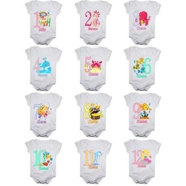 Imagem de Kit 12 Body Bebê Mesversario Manga Curta Fundo Do Mar 1 A 12 Meses Feminino-Feminino