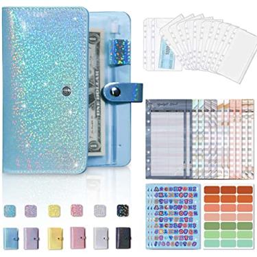 Imagem de Pasta A6 de orçamento com 12 envelopes com zíper para orçamento, organizador de dinheiro para fichário de economia de dinheiro, carteira de planejador de orçamento pequeno com bolsas de notas e folhas de orçamento de despesas, ciano