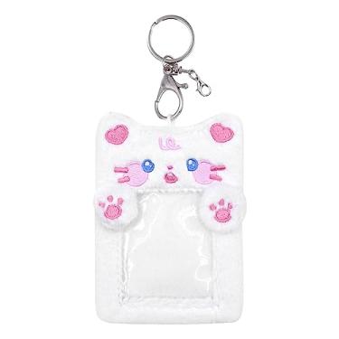 Imagem de ZGMYC Lindo porta-cartões Kpop de pelúcia com chaveiro, urso de desenho animado, coelhinho, porco, capa protetora para cartão, Gato rosa e branco, One Size
