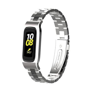 Imagem de Gheper Pulseira de relógio de metal compatível com Samsung Galaxy Fit2 SM-R220 em aço inoxidável, moldura protetora, design de pulseira de substituição para smartwatch 2 SM-R220 (prata-preta)