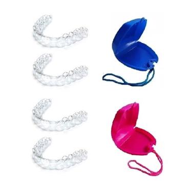 Imagem de Kit Casal 04 Placas para Bruxismo Moldeira Silicone Moldável + 02 Porta Estojo Azul e Roxo