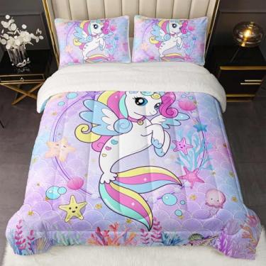 Imagem de QOOMO Conjunto de edredom de unicórnio sherpa roxo para meninas, vida marinha, macio para todas as estações, conjunto de cama alternativo de sherpa ultramacio/queen (1 edredom e 2 fronhas)