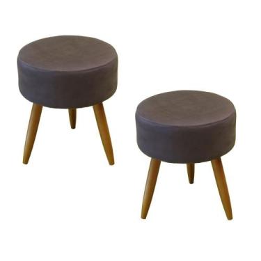 Imagem de Kit 02 Puffs Banqueta Redondo Classic Suede Marrom Café Pés Madeira Pa
