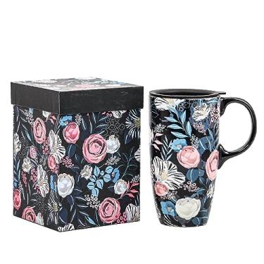 Imagem de DUSVALLY Caneca de café de cerâmica, xícara de chá de 500 ml, caneca de porcelana fofa com alça e caixa de cor, caneca de flores rosa