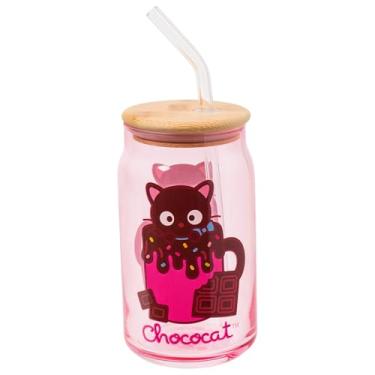 Imagem de Silver Buffalo Copo de vidro Sanrio Chococat Chocolate Sprinkle Heart 473 ml com tampa de bambu e canudo de vidro