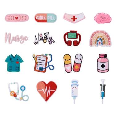 Imagem de Craftdady 16 peças de adesivos de ferro para o dia da enfermeira para roupas, pílula, coração, arco-íris, seringa, pano de enfermagem médica, bordado, costurado, adesivos, apliques para jeans,