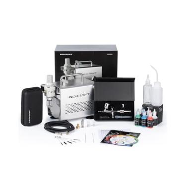 Imagem de InoKraft Kit de aerógrafo com compressor de ar - Compressor de ar silencioso de 1/6 HP, aerógrafo por gravidade com 3 pontas 0,2, 0,3 e 0,5 mm - Mangueira, suporte, guia de instruções - Conjunto de